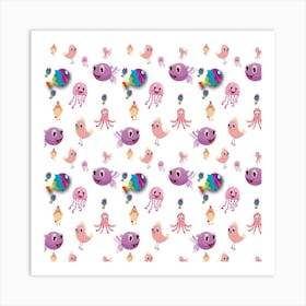 Fish Squid Bird Jellyfish Chicken Art Print