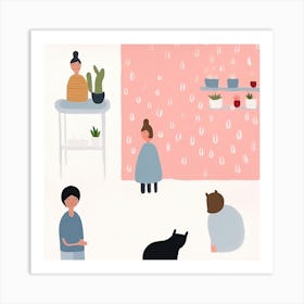 Tiny People At The Cat Cafe Illustration Art Print