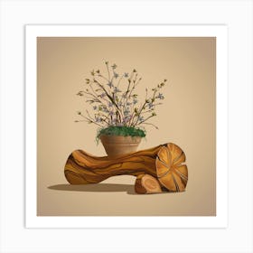 Flower Pot On A Log Art Print