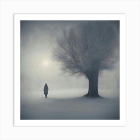 Woman Walking In The Fog Art Print