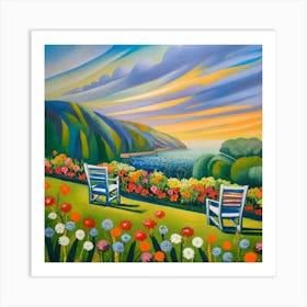 Paisaje Con Flores Sillas Mucho Pasto Art Print