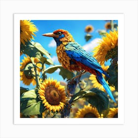 Bird In The Sunflower Field Art Print