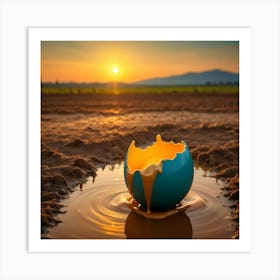 A Cracked Blue Egg With Glowing Yellow Yolk Spilling Out Sits In A Puddle Of Water On Brown, Cracked Earth Against A Sunset Sky Art Print