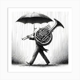 A Musical Instrument Holding An Umbrella In The Rain, Ink Drawing 4 Art Print