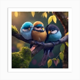 Three Birds Perched On A Branch Art Print