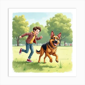 A Playful German Shepherd Running With A Teenager In The Park, Watercolor 1 Art Print