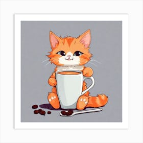 Cute Orange Kitten Loves Coffee Square Composition 29 Art Print