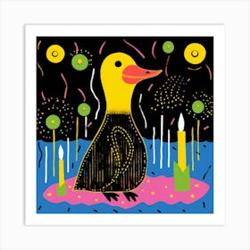 Duckling By The River Linocut Style 2 Art Print