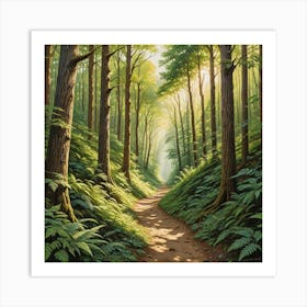 A Tranquil Wall Art Piece Depicting A Narrow Path Winding Through A Dense Sunlit Forest With Tall Tr 1621633411 Art Print