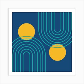 Mid Century Modern Geometric cI in Cottage Teal Navy Blue Mustard Yellow (Rainbow and Sun Abstraction) 7 Art Print