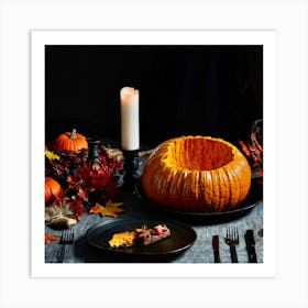 Autumnal Table Setting Cradling A Half Carved Roasted Pumpkin Candlelight Flickering Within Casting (4) Art Print