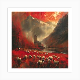 Sheep In The Mountains, In Warm Colors, Impressionism, Surrealism Art Print