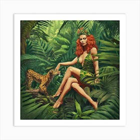 Jungle Girl With Leopard Art Print