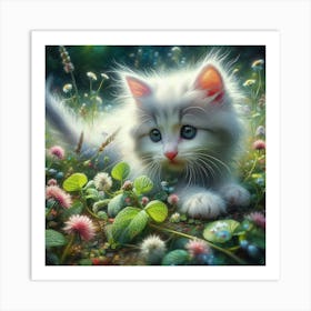 White Kitten In The Meadow Art Print