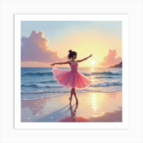 Watercolor Ballerina On A Tranquil Beach At Dusk 1 Art Print