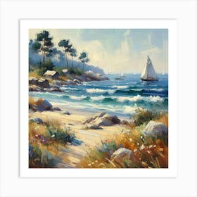 Sailboats On The Beach, Acrylic Painting Style 4 Art Print