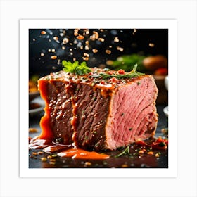 Steak With Sauce On A Black Background Art Print