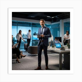 Confident Ceo Standing Center At A Sleek Modern Office Workshop Surrounded By Focused Team In Moti 2 1 Art Print