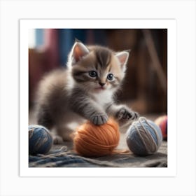 Kitten Playing With Yarn Art Print