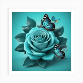 Blue Rose With Butterflies 1 Art Print