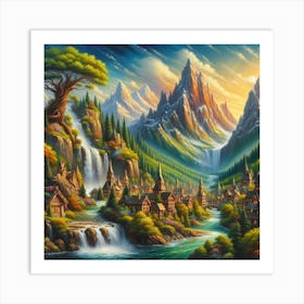 Fantasy Inspired Acrylic Painting Of A Whimsical Village Nestled Among Towering Mountains And Cascading Waterfalls, Style Fantasy Art 3 Art Print