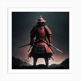 Lonely Japanese Red Samurai Warrior Stand In Dark Art 3 Art Print