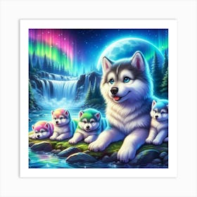 Aurora Borealis wolf pups 2 Art Print