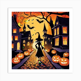 The Picture Captures A Vibrant Halloween Street Scene Adorned With Intricately Carved Jack O Lante (7) Art Print