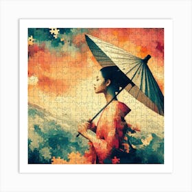 Abstract Puzzle Art Japanese girl with umbrella Art Print