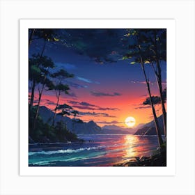 Serene Sunset Over the Ocean Surrounded by Lush Trees and Distant Mountains Art Print