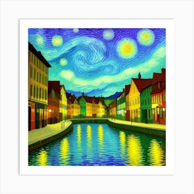 Countryside Elegance: A Timeless Village Starry Night 1 Art Print