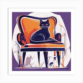 Drew Illustration Of Cat On Chair In Bright Colors, Vector Ilustracije, In The Style Of Dark Navy An (3) Art Print