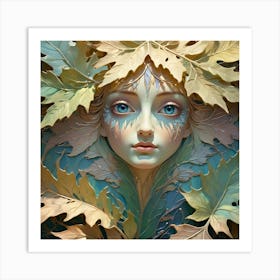 A Portrait Of A Young, Ethereal Woman With Blue Eyes And Icy Blue Accents On Her Face, Surrounded By Autumn Leaves In Shades Of Gold And Brown Art Print