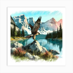 Landing Falcon by Lake Painting - Wild Bird Artwork 115 Art Print