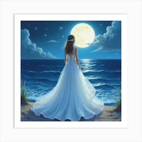 Enchanting Dress Watercolor, With A Serene Moonlit Ocean View 1 Art Print