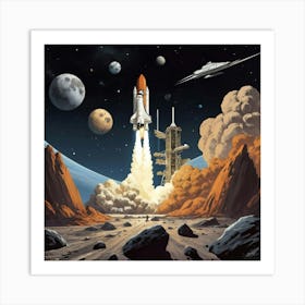 Space Odyssey Retro Poster Featuring Asteroids Rockets 0 Art Print