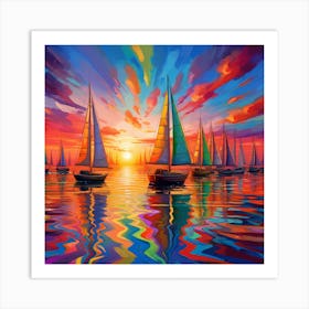 Sailboats At Sunset 6 Art Print