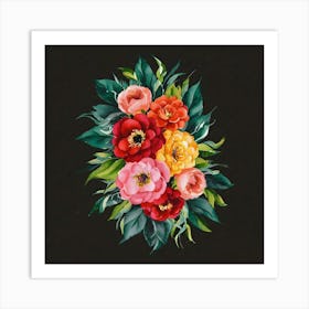 A Watercolor Painting Of Colorful Flowers And Le (8) (1) Art Print