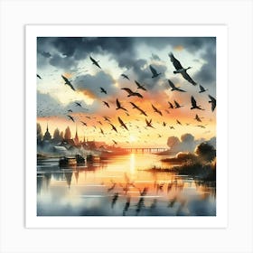 Realistic Textures, A Watercolor Painting Shows A Flock Of Birds Flying Over A River At Sunset Art Print