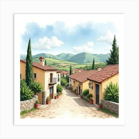 Watercolor Scene Of A Charming Spanish Village With Picturesque Views Art Print