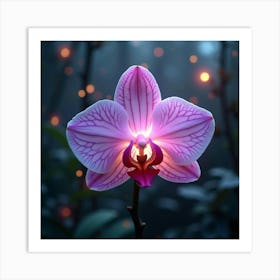 A Radiant Orchid With Petals Of Flowing, Holographic Light Blooming In A Magical Garden Art Print