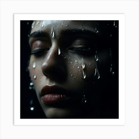 Close Up Photo Capturing An Oversized Glistening Tear Suspended On A Somber Face Dark Murky Backdro (1) Art Print