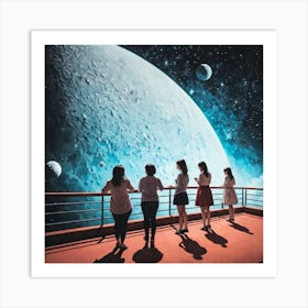 Group Of Girls Looking At The Moon Art Print