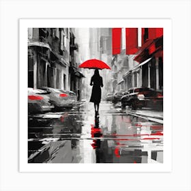 Woman walking under the raining Art Print