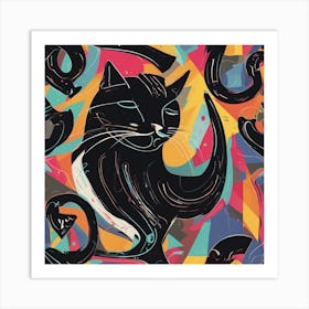 An Image Of A Cat With Letters On A Black Background, In The Style Of Bold Lines, Vivid Colors, Grap (6) Art Print