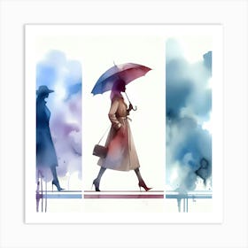 Watercolor Of A Woman With Umbrella Art Print