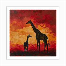 Giraffe & Calf In The Sunset Red Brushstrokes 4 Art Print