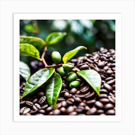 Coffee Beans With Green Leaves Art Print