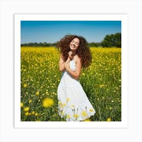 A Cheerful Young Woman Her Hair Reflecting The Suns Summer Light Basks In Natures Beauty While L 2 1 Art Print