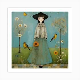 Girl With Birds Art Print